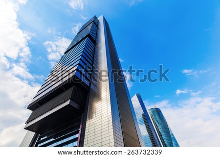 MADRID, SPAIN - MARCH 17, 2015: skyscrapers in the Four Towers Business Area with the tallest skyscrapers in Madrid and Spain -Torre Espacio, Torre de Cristal, Torre PwC and Torre Caja Madrid-