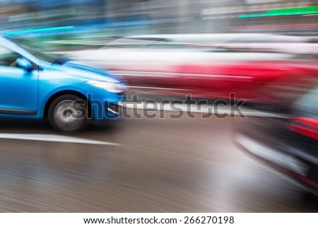 motion blur picture of traffic on a wet city street