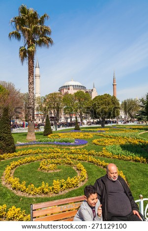 ISTANBUL, TURKEY - APRIL 11, 2015: Hagia Sophia with unidentified people, the last big building of the late antiquity and the main church of the Byzantine empire, today a main landmark of Istanbul
