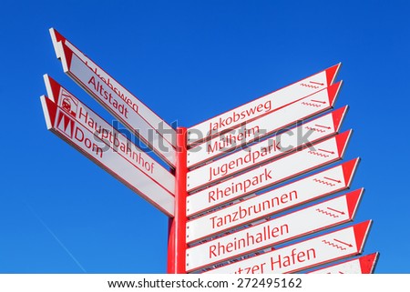 signpost in Cologne, Germany, with a direction sign among others to the St James Way