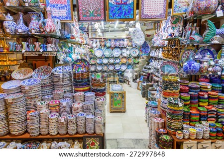 ISTANBUL, TURKEY - APRIL 09, 2015: Ceramic shop at the Grand Bazaar in Istanbul. It is one of the largest and oldest covered markets in the world, with 61 covered streets and over 3,000 shops