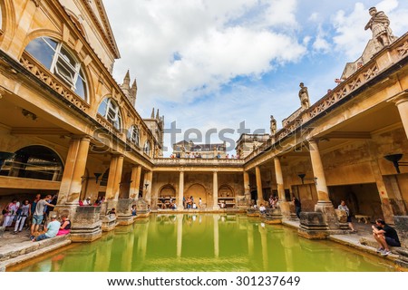BATH, ENGLAND - JULY 04, 2015: inside of Roman Baths with unidentified people, which is a site of historical interest in the city of Bath. The house is a well-preserved Roman site for public bathing