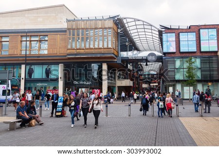 BRISTOL, ENGLAND - JULY 08, 2015: Entrance of Cabot Circus in Broadmead, Bristol, with unidentified people. It is a shopping centre opened 2008 after 10year planning and project costing of BP 500 mio