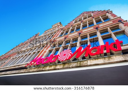 GHENT, BELGIUM - SEPTEMBER 02, 2015: MediaMarkt store in an old building. Its a chain of stores selling consumer electronics. Its Europes largest retailer of consumer electronics, and 2nd in the world