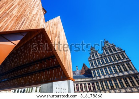 GHENT, BELGIUM - SEPTEMBER 02, 2015: modern market hall in Ghent. The hall beside the famous belfry was finished 2012 and designed by Van Hee, Robbrecht and Daem