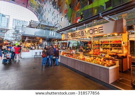 ROTTERDAM, NETHERLANDS - SEPTEMBER 03, 2015: inside of the new market hall in Rotterdam with unidentified people. It was opened on Oct 1, 2014, by Queen Maxima and designed by architects MVRDV