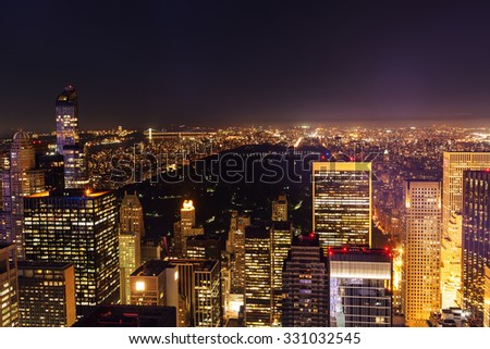 aerial view of Manhattan, New York City, with Central Park at night