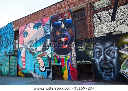 NEW YORK CITY - OCTOBER 10, 2015: mural art in Bushwick, Brooklyn. Bushwick is one of NYCs major street art hubs, with an outdoor art gallery known as the Bushwick Collective