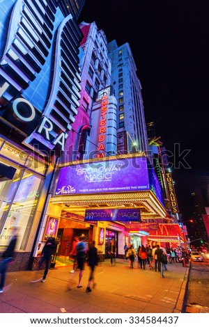 NEW YORK CITY - OCTOBER 08, 2015: New Amsterdam Broadway Theater at night. Located in Theater District of Manhattan, built in 1902â??1903, designed by architecture firm of Henry Hertz and Hugh Tallant
