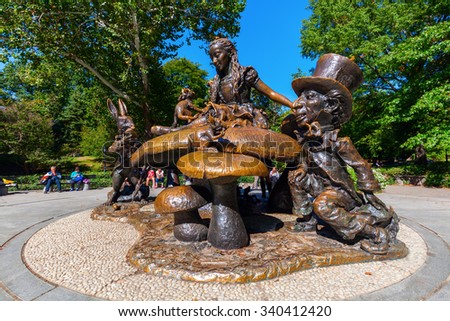 NEW YORK CITY - OCTOBER 07, 2015: Alice in Wonderland sculpture in Central Park, NYC. Designed by Jose de Creeft it depicts the chararacter of  Lewis Carrolls book Alices Adventures in Wonderland.