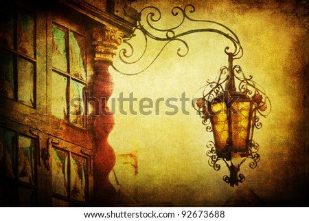 old house with ancient lantern with a vintage style texture
