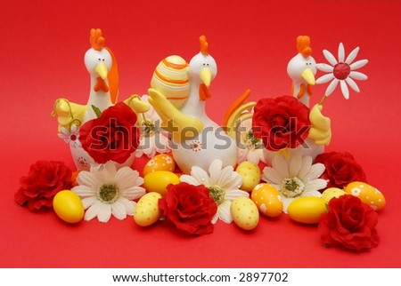 Funny easter chick with flowers on red