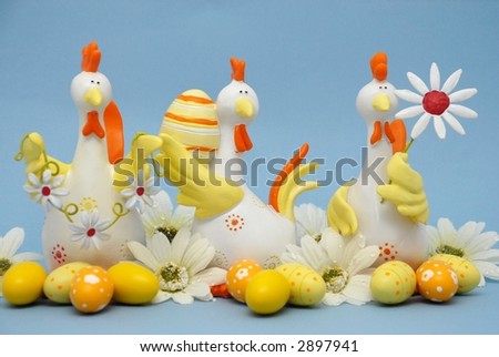 Funny easter chickens with eggs and flowers