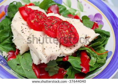 Green salad with lettuce and baby spinach, sliced chicken breast, sliced tomatoes, salad dressing, and herbs.