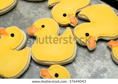 Homemade sugar cookies, decorated with royal icing.  Duck shaped cookies on a wax paper covered cookie sheet.