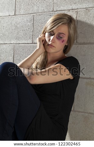 Portrait image of an abused woman sitting and leaning on the wall trying to figure out the things that are happening on her
