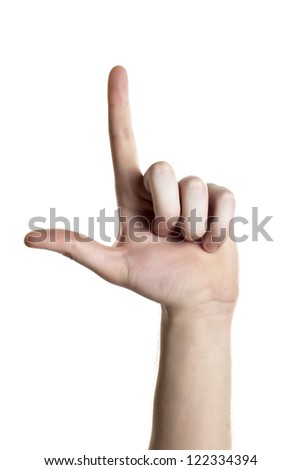 Close-up image of human finger spelling the American Sign Language letter L against the white background