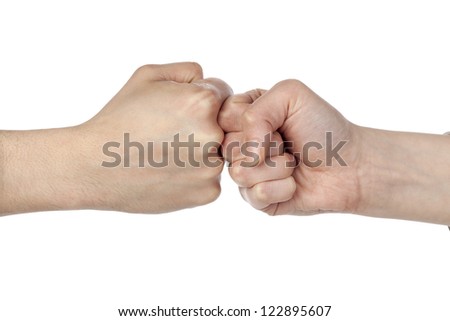 Close up image of fists bump against white background