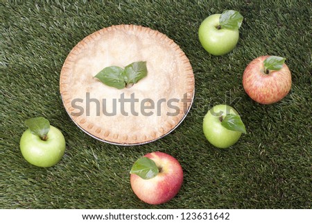 Five apples and a yummy apple pie lying on a grassy ground