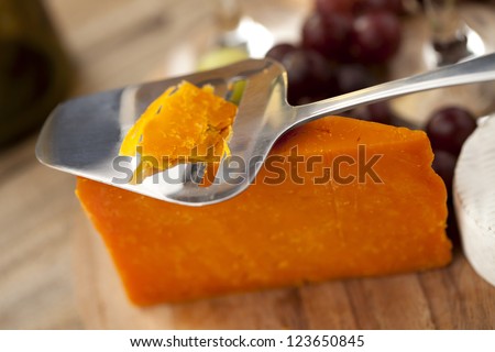 Closed up image of cheese slicer with orange cheese