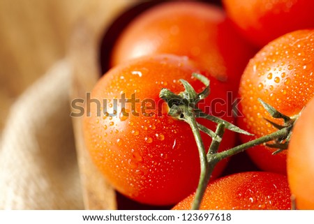 Water drops on organic cherry tomatoes