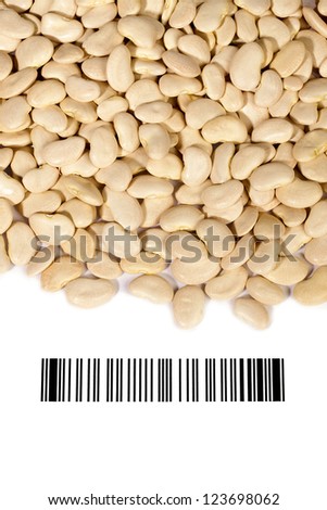 Close-up cropped image of white beans and barcode on white background.