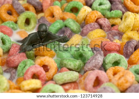 Close-up image of a toy soldier in breakfast cereals