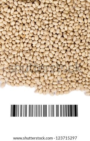 Image of dried soy beans on a white background with a bar code