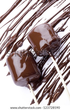 Close up image of marshmallow  covered by melted chocolate against white background