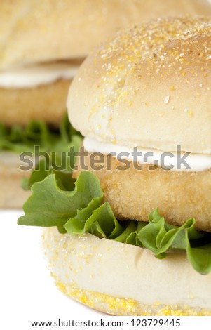 Macro image of chicken hamburgers isolated on a white background