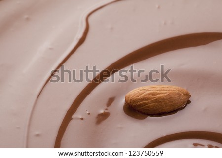 Close-up shot of almond on chocolate syrup.