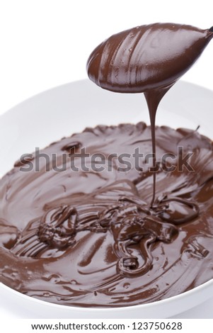 Portrait of a spoon scoop in melted chocolate on a white bowl