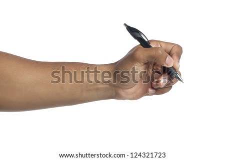 Close up image of hand holding a pen against white background
