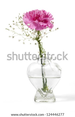 Vertical image of pink carnation with a small white flower on a heart shape clear vase