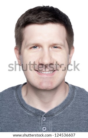 Portrait of smiling face of a man against white background