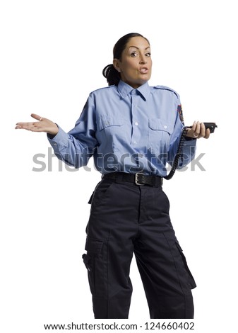 Portrait of a stressed female police officer against the white background