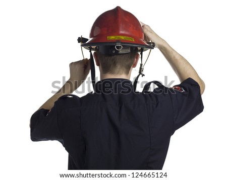 Back view image of a fireman wearing helmet on a white background