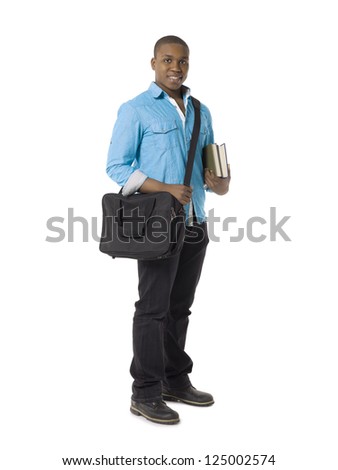 Portrait of a happy male student with sling bag holding books on a white background