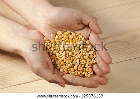Close-up cropped shot of a person holding yellow lentil beans.