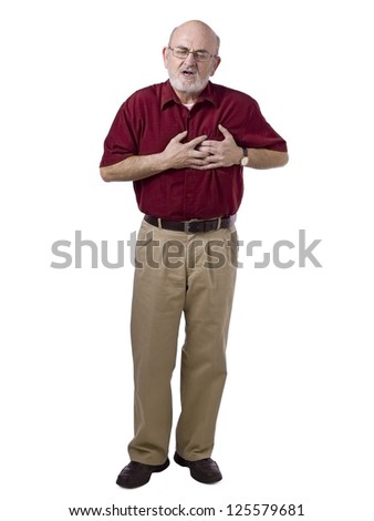 Portrait of old man suffering heart ache against white background
