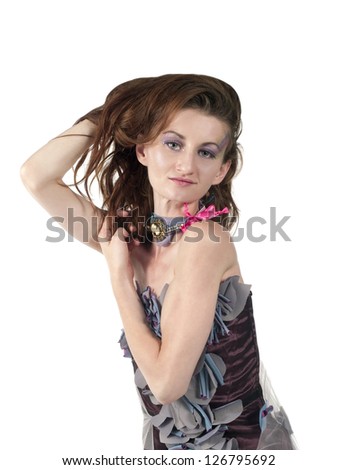 Illustration of smiling model wearing fancy costume isolated on white