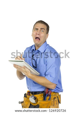 Portrait image of unhappy construction working with writing pad