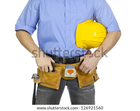 Close-up mid section of a service man with yellow hard hat and wearing tool belt around waist
