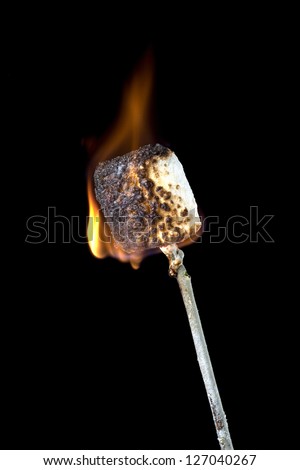 An image of a fired marshmallow on a fondue stick on a black background