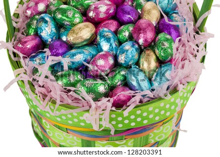 A macro image of an easter egg shape chocolate on a green wicker basket