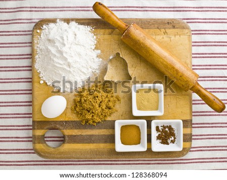 An overhead shot of cooking supplies on a kitchen tabletop.
