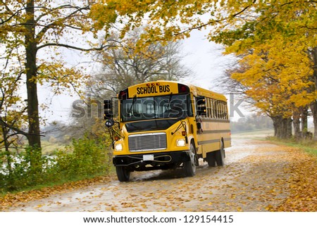 Image of school bus on the road with autumn trees and dried leaves