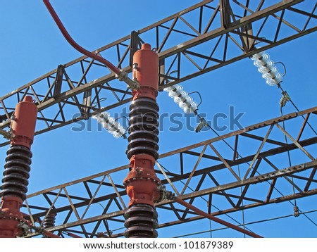 Powerhouse with lattice girders, switches, disconnectors, bars of copper