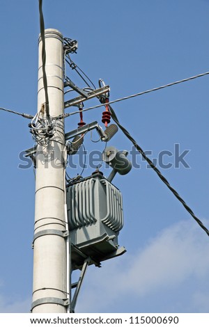 electricity transformer mounted on a pole for electric current