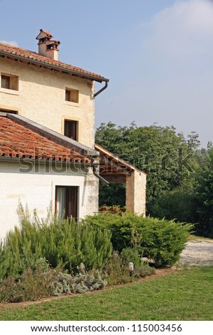 rural House and the garden with scented aromatic herb Rosemary and Sage